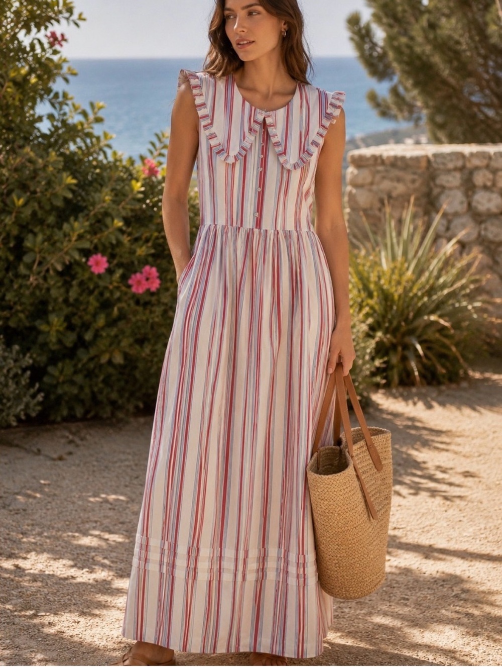 Caroline Constas Sailor Collar Striped Maxi Dress Pink Blue Cotton Large NWT